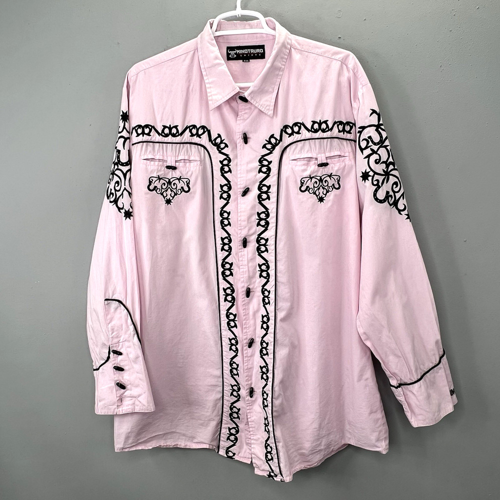 Minotauro Western Rodeo Shirt Pink Black 2XL Men Embroidered Long Sleeve Button